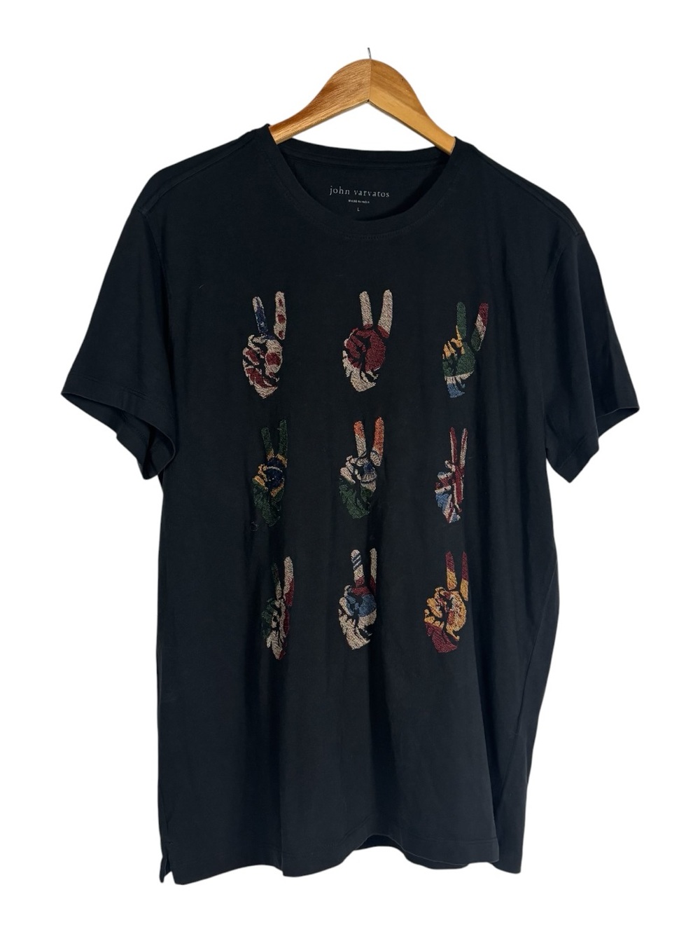 John Varvatos Crew Neck Tee Shirt Black Peace Sign Embroidered Graphic Men's L